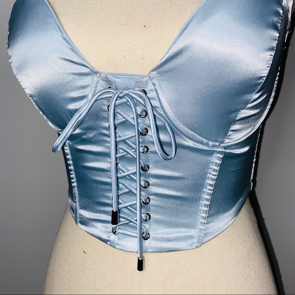 NEW Baby Blue Satin Lace Up Padded Cropped Corset - Picture 10 of 14